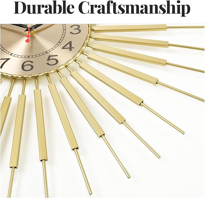Cuspin 30 Inch Large Wall Clock Gold Clock Wall Decor, Mid Century Modern Sunburst Silent Non Ticking Battery Operated Decorative Metal Wall Clocks for Living Room, Dining Room, Bedroom, Office