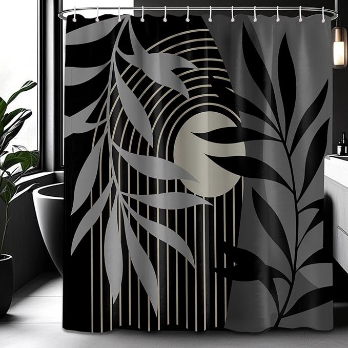 Boho Black and Grey Shower Curtain, Mid Century Modern Black and Gray Shower Curtains for Bathroom, Waterproof Fabric Set with Hooks, 70" W x 72" L