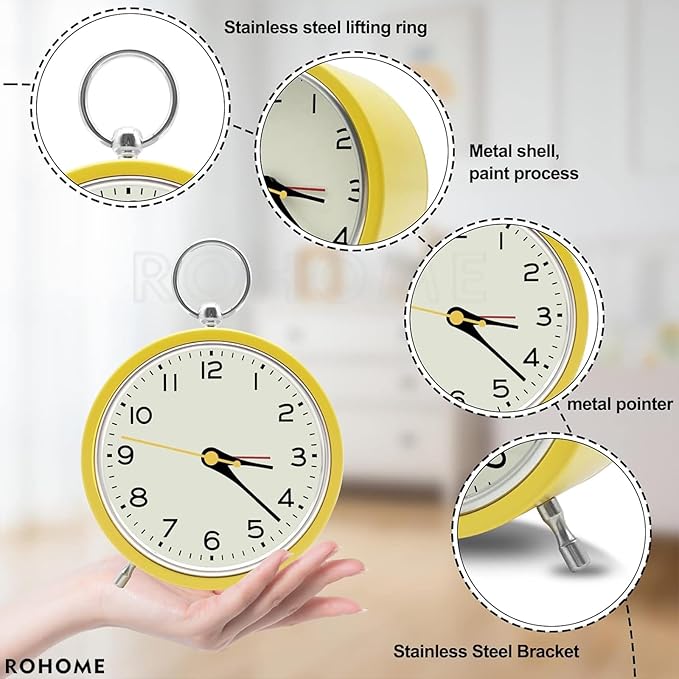 Rohome Small Alarm Clock with Night Light, Silent Quartz Movement, Non-Ticking, Decorative, Wall Hanging, for Bedside Table, Desk, Kitchen, Bedroom, Shelf, Nightstand, Office (Yellow)