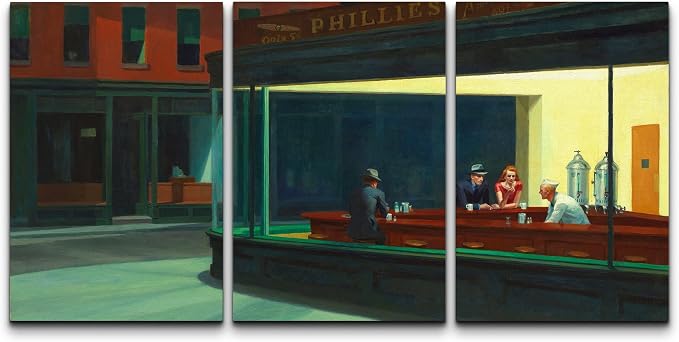 wall26 Canvas Print Wall Art Set Nighthawks by Edward Hopper Cultural Historic Oil Painting Fine Art Reproduction Scenic for Living Room, Bedroom, Office - 16"x24" x 3 Panels