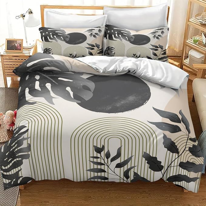 Mid Century Leaf Bedding Set,Boho Grey Tropical Plant Palm Leaves Abstract Minimalist Geometic Modern Comforter Set with Pillowcase for Bedroom Bed Decor,Full 79"x90"