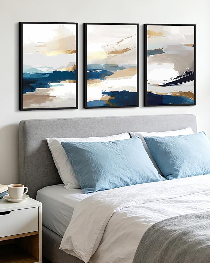 KUVIOKE Navy Blue Abstract Framed Canvas Wall Art Graffiti Shape Pastel Wall Decor Modern Minimalist Art Painting for Bedroom Living Room 16x24in (Black Framed)