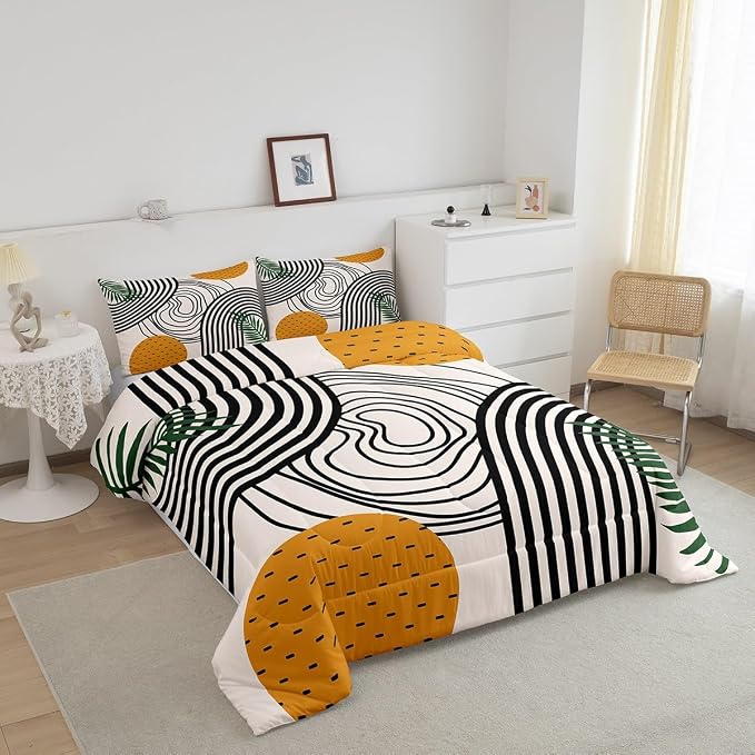 Erosebridal Modern Comforter Twin Abstract Art Bedding Set, Orange Black White Aesthetic Down Comforter Retro Minimalism Bed Set, Mid Century Quilted Duvet Geometric Striped Decor