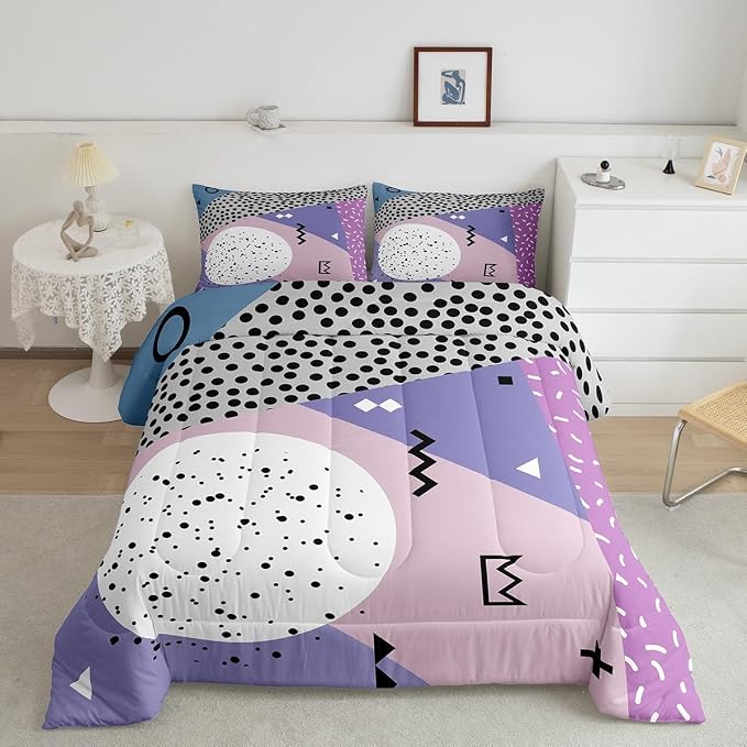 Manfei Memphis Comforter Set Full Size, Abstract Geometric Retro Bedding Set 3pcs for Kids Girls Room Decor, 80s or 90s Fashion Style Quilt Set Soft Polyester Duvet Set with 2 Pillowcases