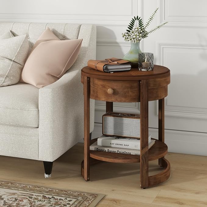 Giantex Round Side Tables Set of 2, 2-Tier Retro End Tables with Drawer & Shelf, Wooden Accent Tables with Antique Wood Grain Finish, Vintage Nightstands for Living Room Bedroom, Walnut