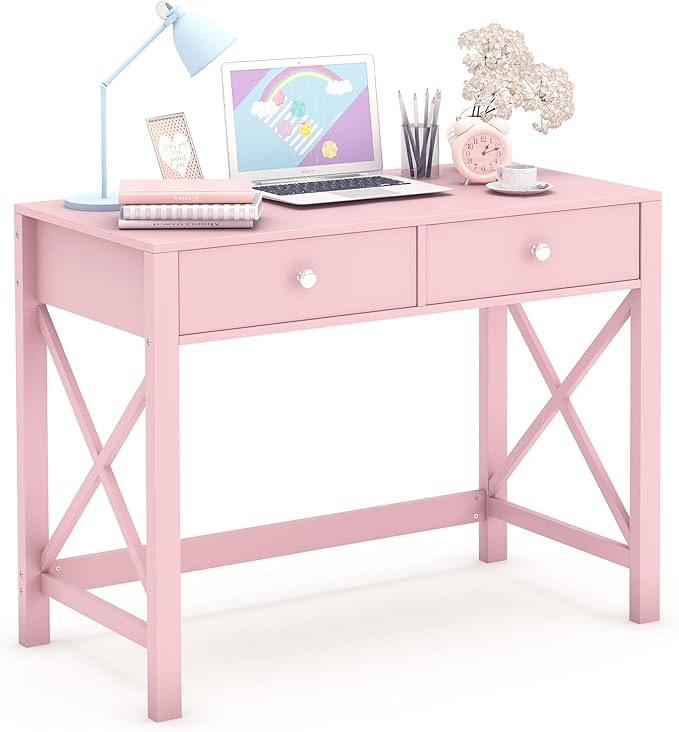 WiberWi Home Office Desk with Drawers, Modern Writing Computer Desk for Bedroom, Small Makeup Vanity Table Study Table for Home Office,Pink