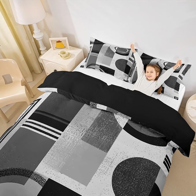 Geometric Striped Circle Duvet Cover Set Toddler Size,Abstract Aesthetic Simple Art Bedding Set,Boys Girls Room Decor,Graffiti Retro Squares Comforter Cover,Grey Quilt Cover,1 Pillowcase(No Filler)