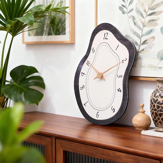 Mid Century Retro Irregular Shape Wall Clock, Silent Non-Ticking Battery Operated, 14 x 10 Inch Vintage Boho Beige Art Clock for Living Room, Bedroom, Entryway, Mantel Decor