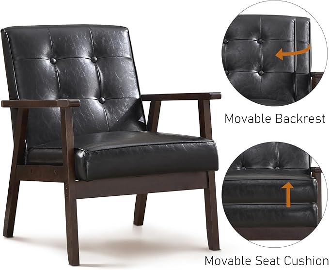 Bonzy Home Accent Chair - Faux Leather Mid Century Modern Chair for Living Room | Sturdy Solid Wood Frame Armchair, Comfy Retro Chair for Bedroom & Small Spaces, Accent Chairs, Black