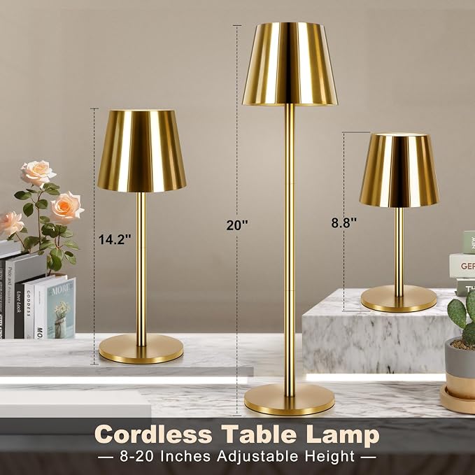 Gold Cordless Table Lamp Set of 2 - 8-20 Inches Adjustable Height, 5000mAh Rechargeable Battery LED Desk Lamp, 3 Color Stepless Dimmable, Portable Waterproof Metal Table Light for Indoor/Outdoor