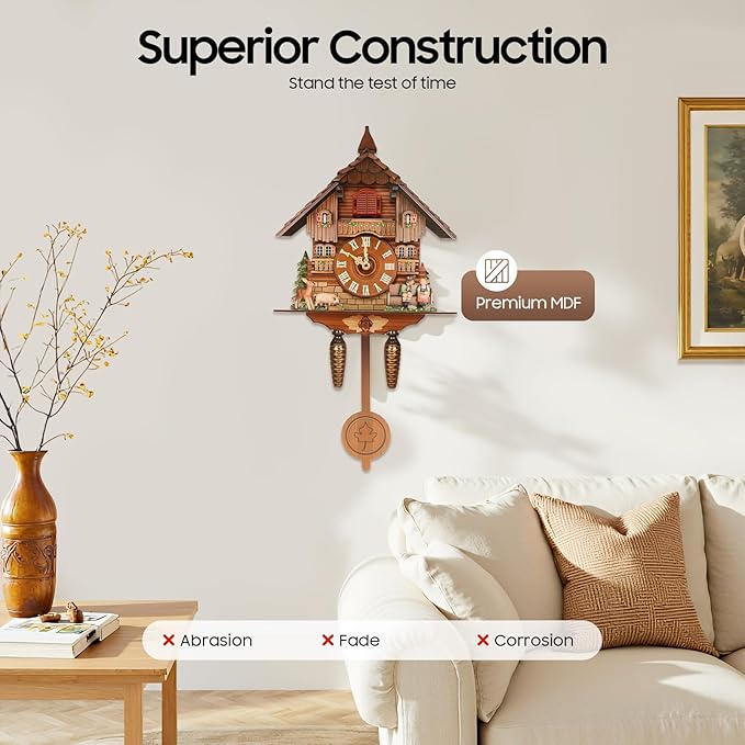 Cuckoo Clock, Retro Wooden Cuckoo Birdhouse Antique Wall Clock Forest Clock Home Decor Auto Swing with Singing Bird Vintage Chalet Design(No Battery) (Type B)