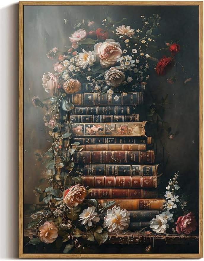 WALLZK Vintage Framed Wall Art Floral Books Canvas Prints Library Antique Literary Retro Decor Botanical Pictures Artwork for Walls Living Room Study Bedroom Bathroom 8"x10"