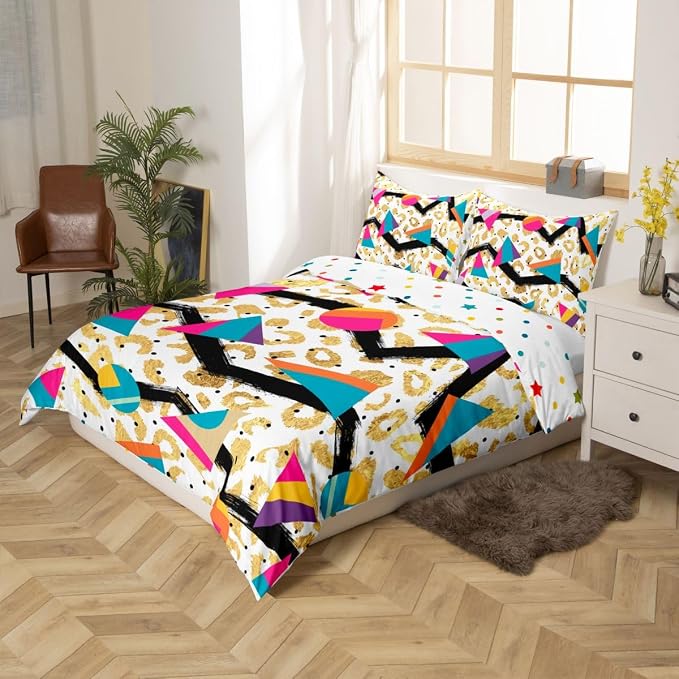 Golden Leopard Print Bedding Set Queen Size Wild Animal Skin Duvet Cover,Vintage 80s 90s Memphis Comforter Cover Mens Hipster Hip-Hop Geometric Quilt Cover Big Cat Fur Spot Room Decor