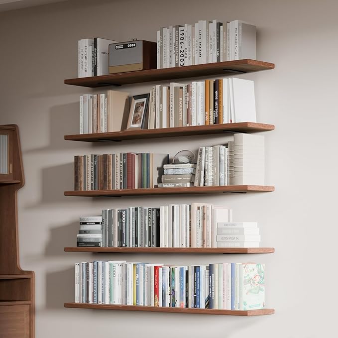 5 Tier Book Shelf,Long Floating Shelf for Wall 48 inch,Rustic Bookcase Long Shelves,Wall Mounted Bookshelf for Books/Lego/Plants