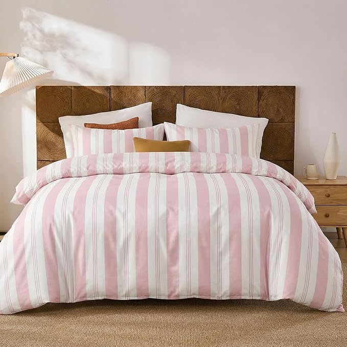 Merryword Pink Striped Duvet Cover Set King Size, 100% Cotton Bedding Set with Zipper Closure & 8 Corner Ties, Awning Stripe Bedding, Soft Breathable Comforter Cover for All Seasons
