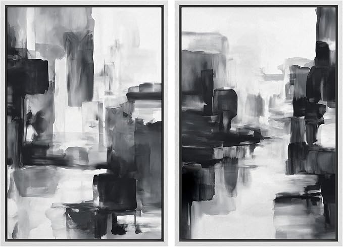 IDEA4WALL Framed Canvas Print Wall Art Set Black and White Urban Abstract Bold Monochrome Brushstroke Illustrations Modern Art Decorative Calm/Zen for Living Room, Bedroom, Office - 16"x24"x2 White