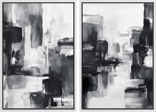 IDEA4WALL Framed Canvas Print Wall Art Set Black and White Urban Abstract Bold Monochrome Brushstroke Illustrations Modern Art Decorative Calm/Zen for Living Room, Bedroom, Office - 16"x24"x2 White