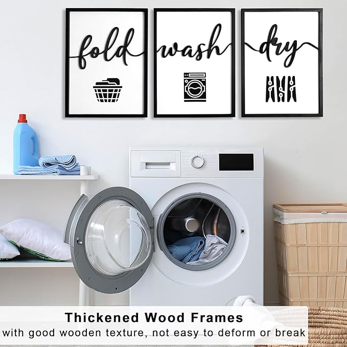3D Wood Laundry Room Wall Decor, 36" x 16" Framed Laundry Room Wall Art, 3D Laundry Signs for Room Decor (Ready to Hang, Set of 3, Framed)
