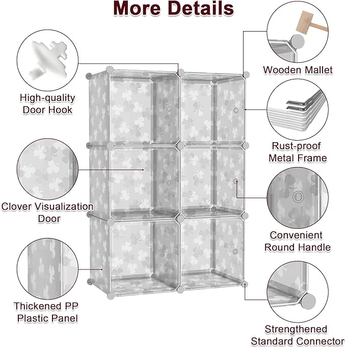 C&AHOME Cube Storage Organizer with Doors, 6-Cube Shelves, DIY Plastic Modular Bookshelf, Closet Clothes Storage Shelving Ideal for Bedroom, Living Room, Clover Embossed, Transparent