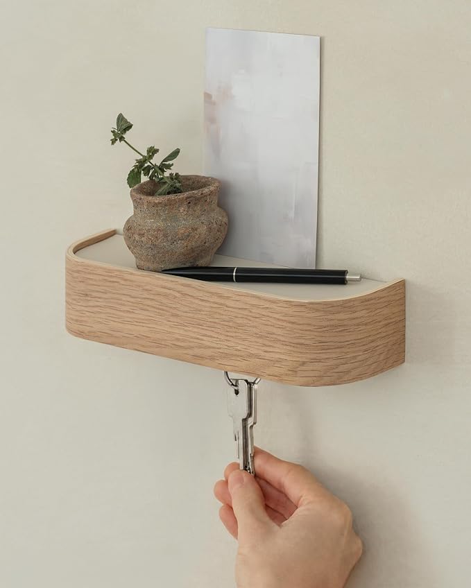 Kazai. Key Holder 'Toke' | Minimalist Key Hook Design from Berlin | Modern Key Holder Wall Mount with Wooden Shelf | Key Rack for Wall as Entryway Organizer | Oak, White