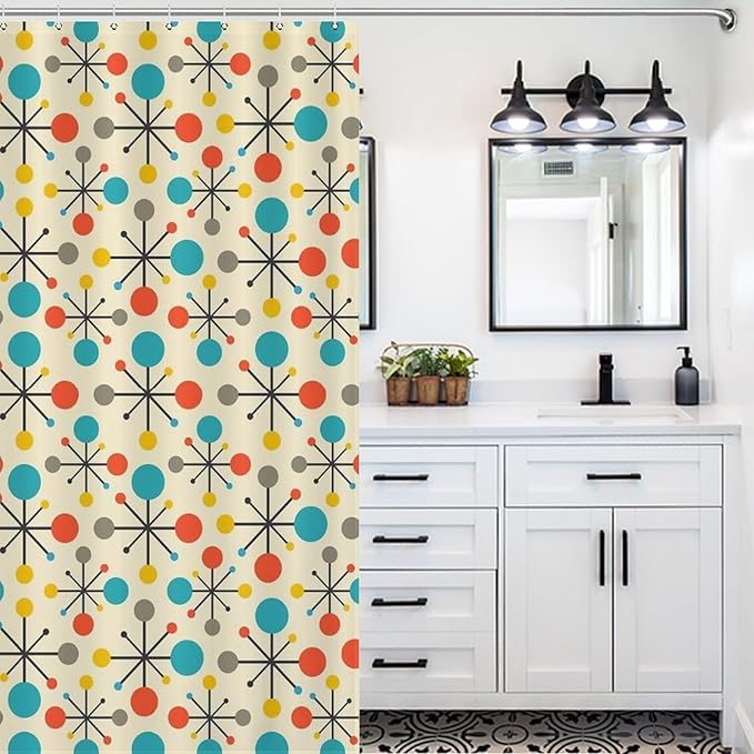 Mid Century Modern Shower Curtain,Atomic Retro Colourful Geometric Polka Dots Stripe Vintage 1950s Bathroom Curtain Polyester Waterproof Fabric Decor 66x72in（168x183cm）