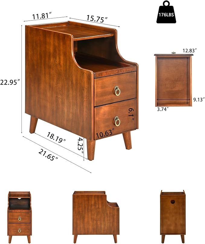 Solid Hardwood End Table with 2 Drawers, Traditional Beside Table with Pull-Out Coffee Tray, Modern Vintage Sofa Chair Side Table Nightstand for Living Room Bedroom, Cherry Brown Accent Table BGA1359
