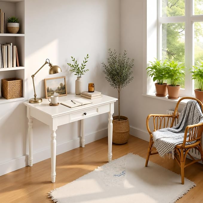 White Writing Desks with Drawers, 35" Solid Wood French Country Style Computer Desk for Home Office, Living Room Study or Workspace