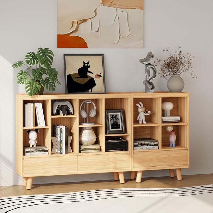 YOSHOOT 4 Cube Bookshelf with 1 Drawer - 21.7" Wood Cube Bookcase with Legs, Open Cubby Bookshelves for Bedroom, Living Room,Home Office, Nature