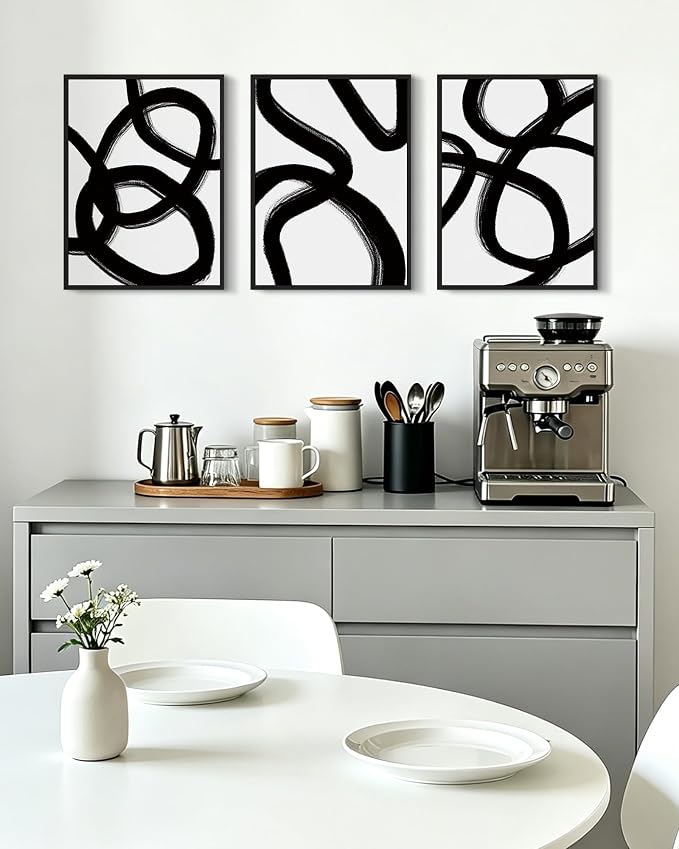 KUVIOKE Black and Grey Abstract Framed Wall Art Ink Wash Minimalist Lines Painting Artwork for Bedroom Hallway 12x16in (Black Framed)