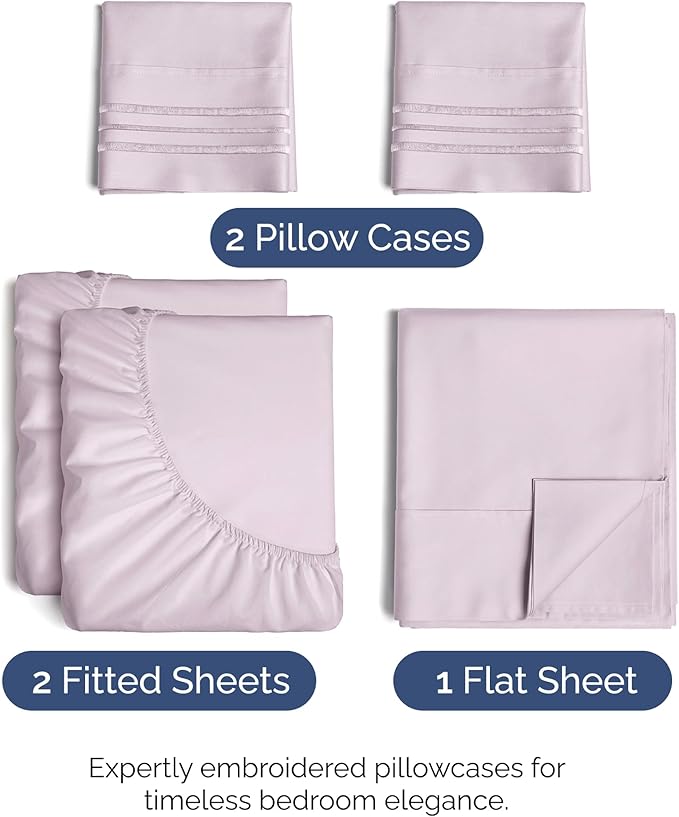 Split King Size 5 Piece Sheet Set - Comfy Breathable & Cooling Sheets - Hotel Luxury Bed Sheets for Women & Men - Deep Pockets, Easy-Fit, Soft & Wrinkle Free Sheets - Light Lavender Oeko-Tex Sheets