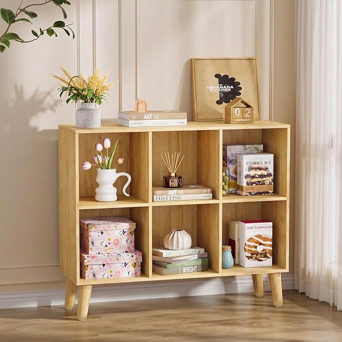 6 Cube Storage Organizer with Legs, 2 Tier Cube Low Horizontal Bookcase Freestanding Storage Display Organizer for Home Office, Six-Cubes Unit Open Shelf Bookshelf (Natural Oak,6 Cube)