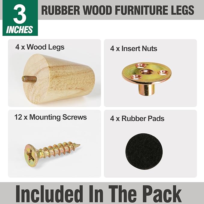 FoDau770 Rubber Wood Furniture Legs 3 Inches, Straight Tapered Wood Feet Mid Century Sofa Legs Set of 4, 5/16" UNC Furniture Feet Replacement Parts for Cabinet Couch Dresser Chair Ottoman Table