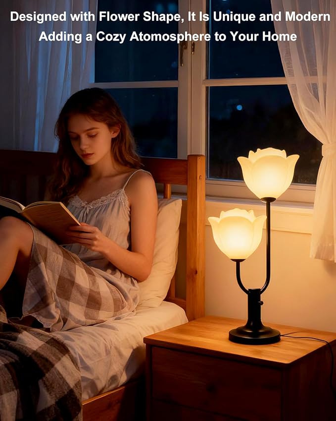 Lightdot Women Bedside Table Lamps for Bedroom, 2-Light Cute Flower Desk Lamp with G9 LED Bulbs, 0-100% Stepless Dimmable Black Nightstand Lamp, Floral Lamp for Living Room, Home Office,Reading