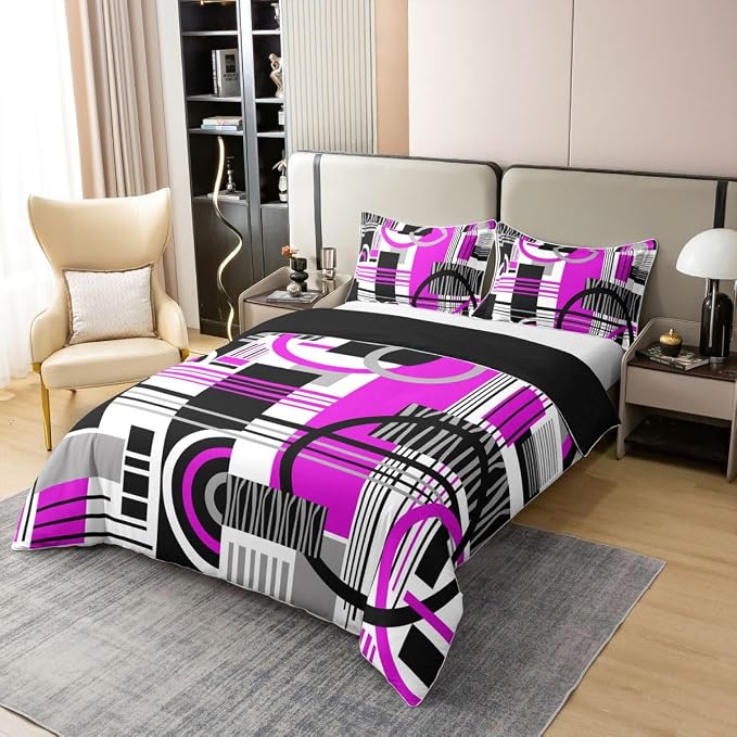 Erosebridal Art Deco Mid Century Duvet Cover Set Retro Modern Abstract Geometric 100% Cotton Comforter Cover Black and White Purple Circles Stripes Full Size Bedding Sets, Contemporary Bed Set