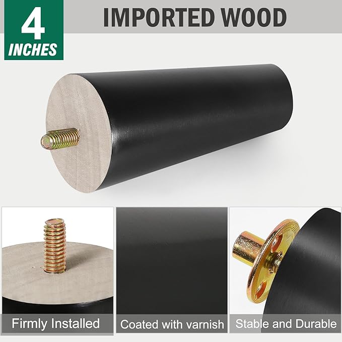 FoDau770 Black Rubber Wood Furniture Legs 4 Inches, Straight Tapered Wood Feet Mid Century Sofa Legs Set of 8, 5/16" UNC Furniture Feet for Cabinet Couch Dresser Chair Ottoman Table