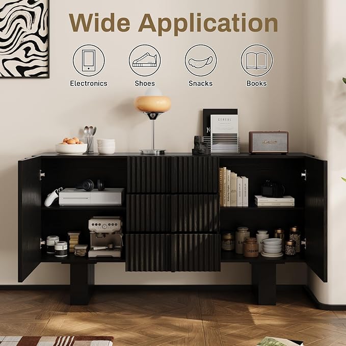 Rophefx 63" Buffet Cabinets with Storage, Wood Side Cabinet with 3 Drawers & 2 Doors, Mid-Century Modern Buffet Table with Anti-Tip Device & Foot Pads for Kitchen, Living Room, Dining Room(Black