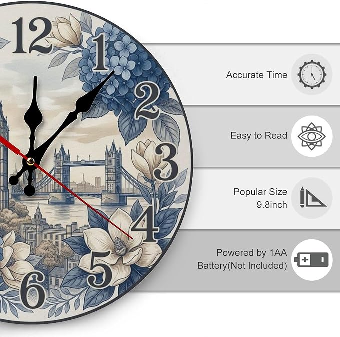 Vintage Style London Hydrangea Cityscape Silent Wall Clock Non Ticking Wooden Frameless for Home Decor, Office, Kitchen, Unique Gift