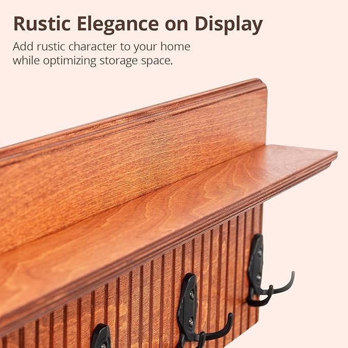 Rustic Wall Mounted Coat Rack with Shelf Wooden Entryway Organizer with 5 Metal Hooks for Coats Hats Towels Keys Floating Storage Shelf for Bathroom Bedroom (Mango Oxide, 24 inch Striped (4 Hooks))