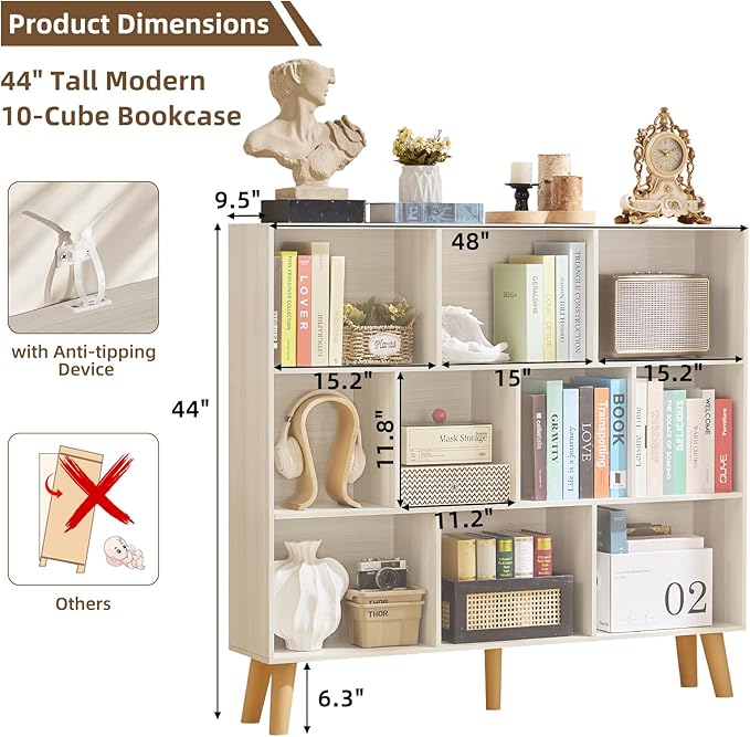 LEYAOYAO 10 Cube Bookshelf,3 Tier Modern Wide Bookcase with Legs,Mid-Century Wood Bookshelves Storage，Light Grey White Large Book Case,Freestanding Organizer Display Shelf for Living Room,Office