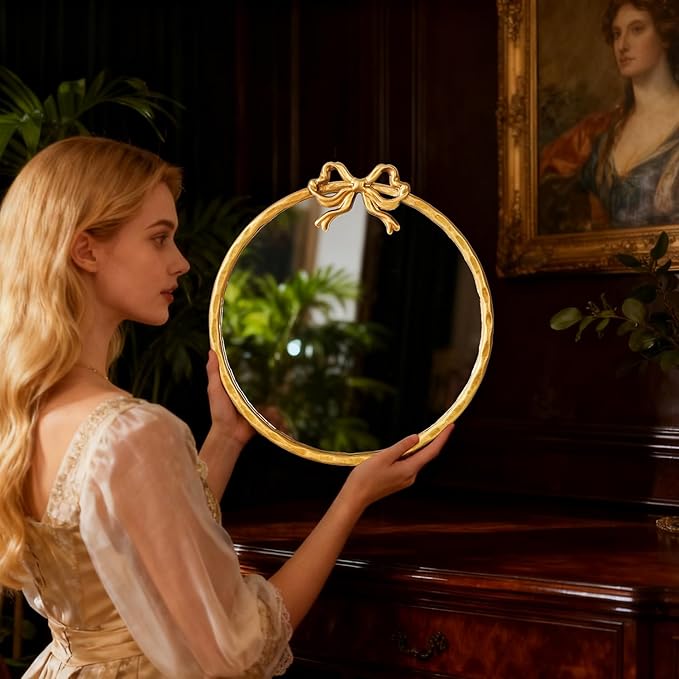 24 Inch Vintage Gold Round Wall Mirror, Antique Ornate Metal Circle Mirror with Baroque Bow Decor for Bathroom Vanity, Bedroom, Living Room, Hallway (Gold, 24" Lx24 W)