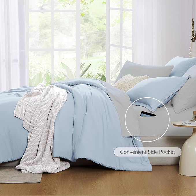 WRENSONGE King Comforter Set, 7 Pieces Ice Blue Soft Bed in a Bag King with Fitted Sheet, Flat Sheet, 2 Pillow Shams, and 2 Pillowcases- Warm Bedding Set for All Season