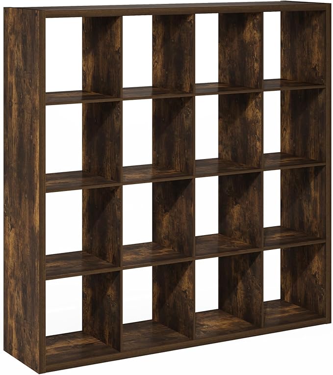 Furinno Cubicle Book Shelf, 16-Cube Bookshelf, Extra Thick Frame Reversible Bookcase with Open Back, 14.6" x 58" x 58", for Living Room, Bedroom, Home Office, Amber Pine