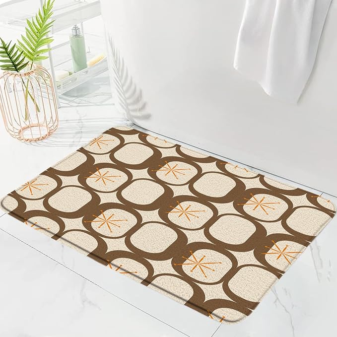 Mid Century Modern Bath Mat Abstract Atomic Geometric Retro 1950s Brown Bathroom Kitchen Toilet Rugs,20x31 Inch