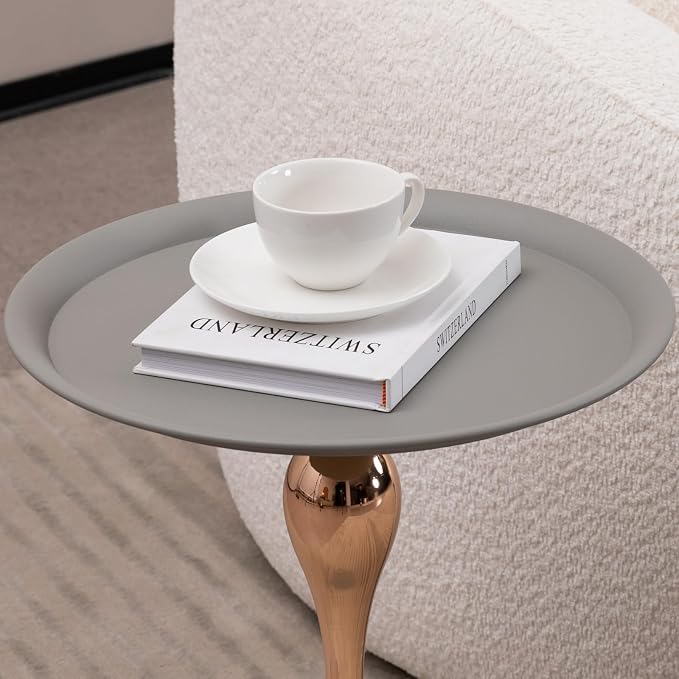 Mermaid Tail End Coffee Round Side Table, Modern Metal Pedestal, Minimalist Accent for Small Spaces, Drink Martini Decoration for Living Room (Matte Gray)