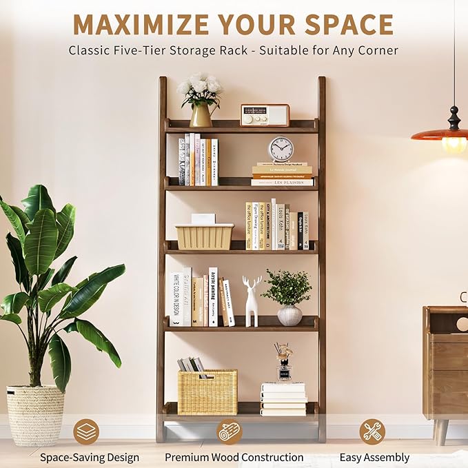 Uniclinens Walnut Wooden Ladder Shelf, 5-Tier Leaning Bookshelf, Ladder Bookshelf for Compact Spaces, Leaning Bookcase for Living Room, Bedroom, Home Office