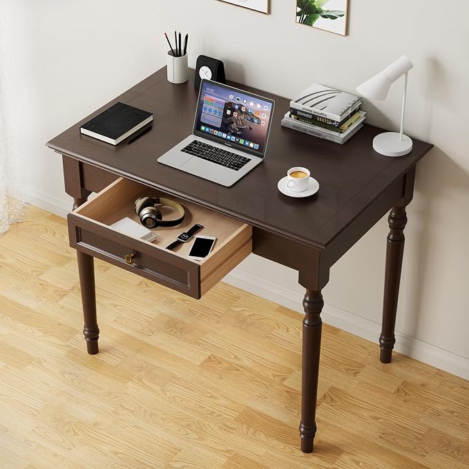 ADORZ Walnut Desk with Drawers, 35 Inch French Country Desk Solid Wood Writing Desk for Home Office, Study Workspace or Bedroom (Walnut, 35 inches)