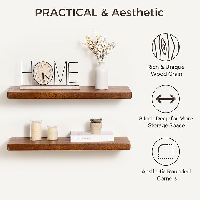 Fun Memories 30 Inch Floating Shelves, Rustic Solid Wood Wall Shelves Set of 2, 8 Inch Deep Floating Shelf for Bathroom, Bedroom, Heavy-Duty Wooden Shelf Wall-Mounted for Home Decor & Storage
