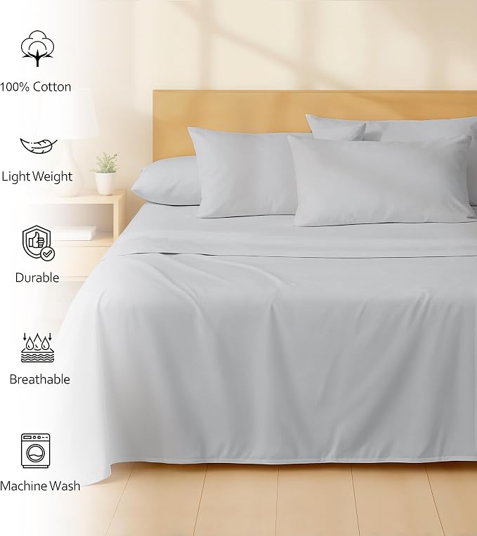 RUVANTI 100% Cotton Percale Sheets Full Size 6 Piece Set, Cooling Bed Sheets for Hot Sleepers, Deep Pocket 16”, Breathable Lightweight & Durable, Crisp Hotel Style Sheets, Cloud Gray