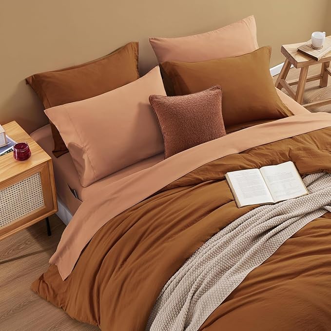 WRENSONGE Terracotta King Size Comforter Set- 7 Pieces Soft King Bed in a Bag with Fitted Sheet, Flat Sheet 2 Pillow Shams, and 2 Pillowcases- Warm King Bedding Set for All Season