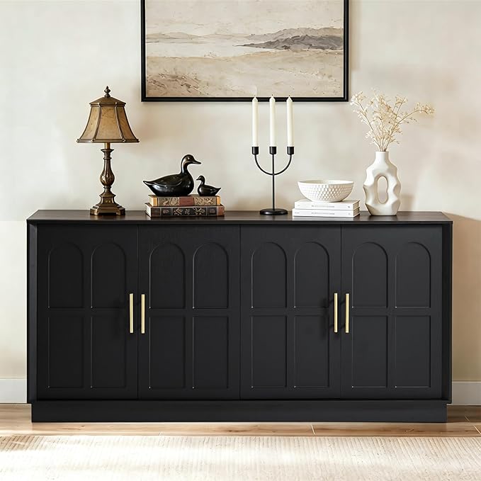 LKTART Sideboard Buffet Cabinet with Storage, Modern Credenza Accent Console Cabinets with Arched Doors, Kitchen Buffet Cabinet for Living Room Dining Room Entryway, Black